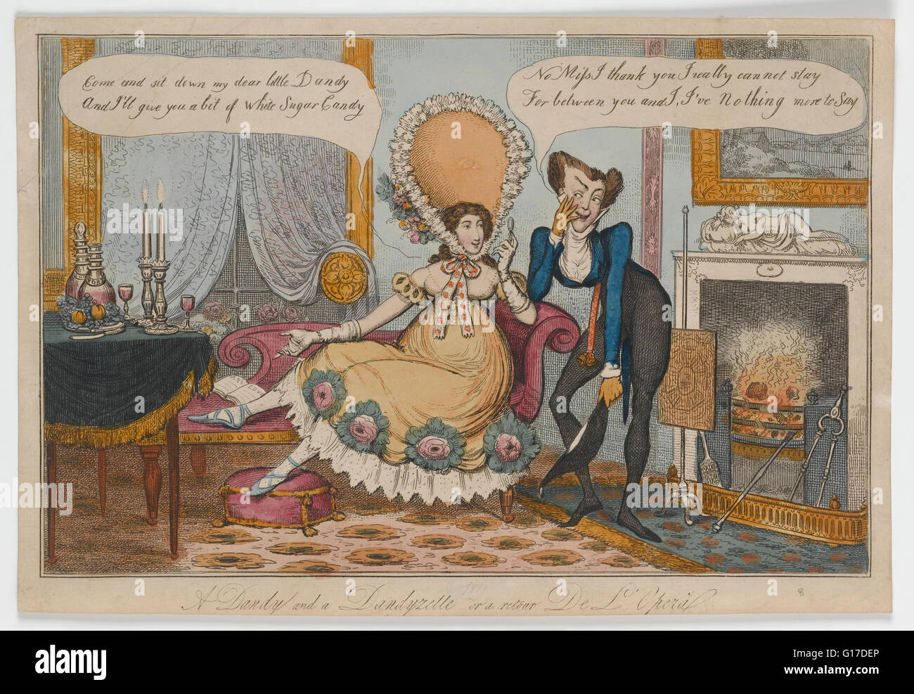 Coloured engraving on paper, entitled 'A Dandy and a Dandyzette or a retour De L'Opera', dated c.1820. Stock Photo