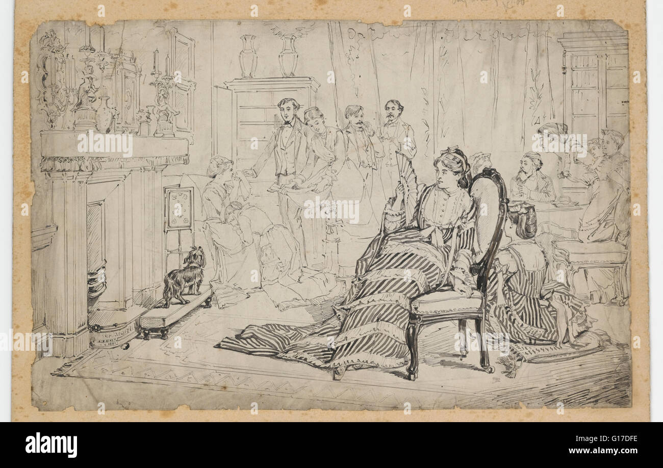 Pen and ink drawing depicting a game of 'Forfeits' being played in a ...
