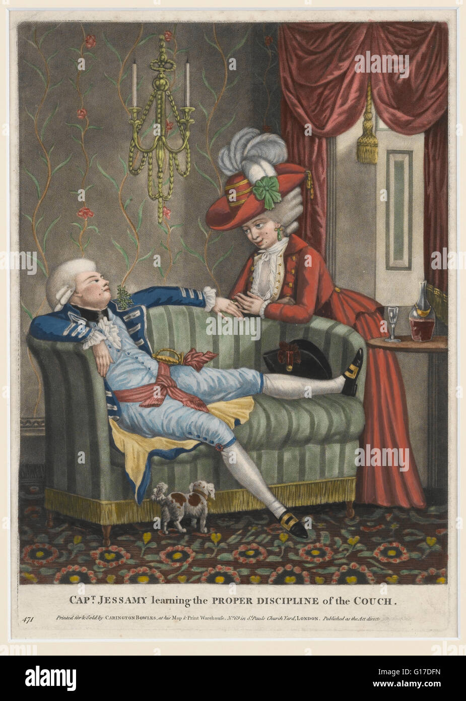 Mezzotint on laid paper entitled, 'CAPT JESSAMY learning the PROPER DISCIPLINE OF THE COUCH', hand-coloured with watercolour and Stock Photo
