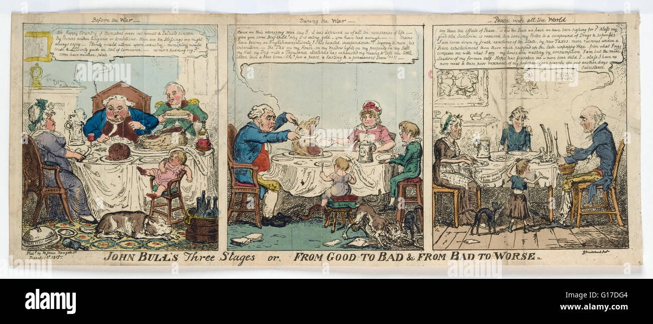 Hand-coloured engraving, entitled 'JOHN BULL'S Three Stages or FROM GOOD TO BAD & FROM BAD TO WORSE', drawn by G. Cruikshank and Stock Photo