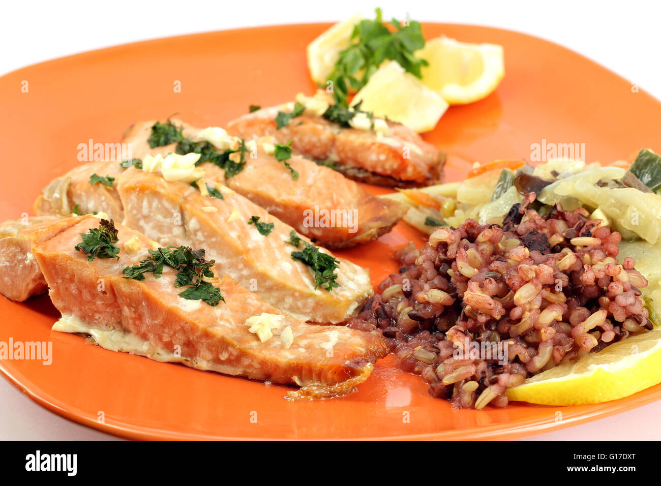 salmon with salad and lemon Stock Photo