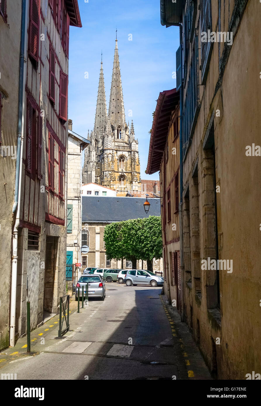 Cathedral of Sainte-Marie de Bayonne seen from side street, Aquitaine, France. Stock Photo