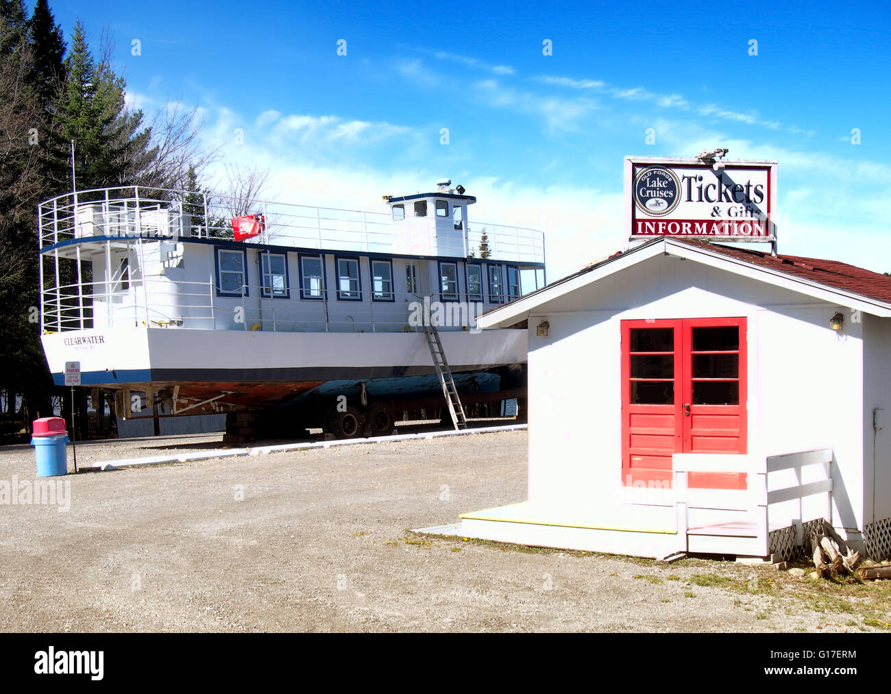 Old Forge, New York, USA. May 10, 2016. Old Forge Lake Cruises. Sight-seeing cruise operations, closed for the season Stock Photo