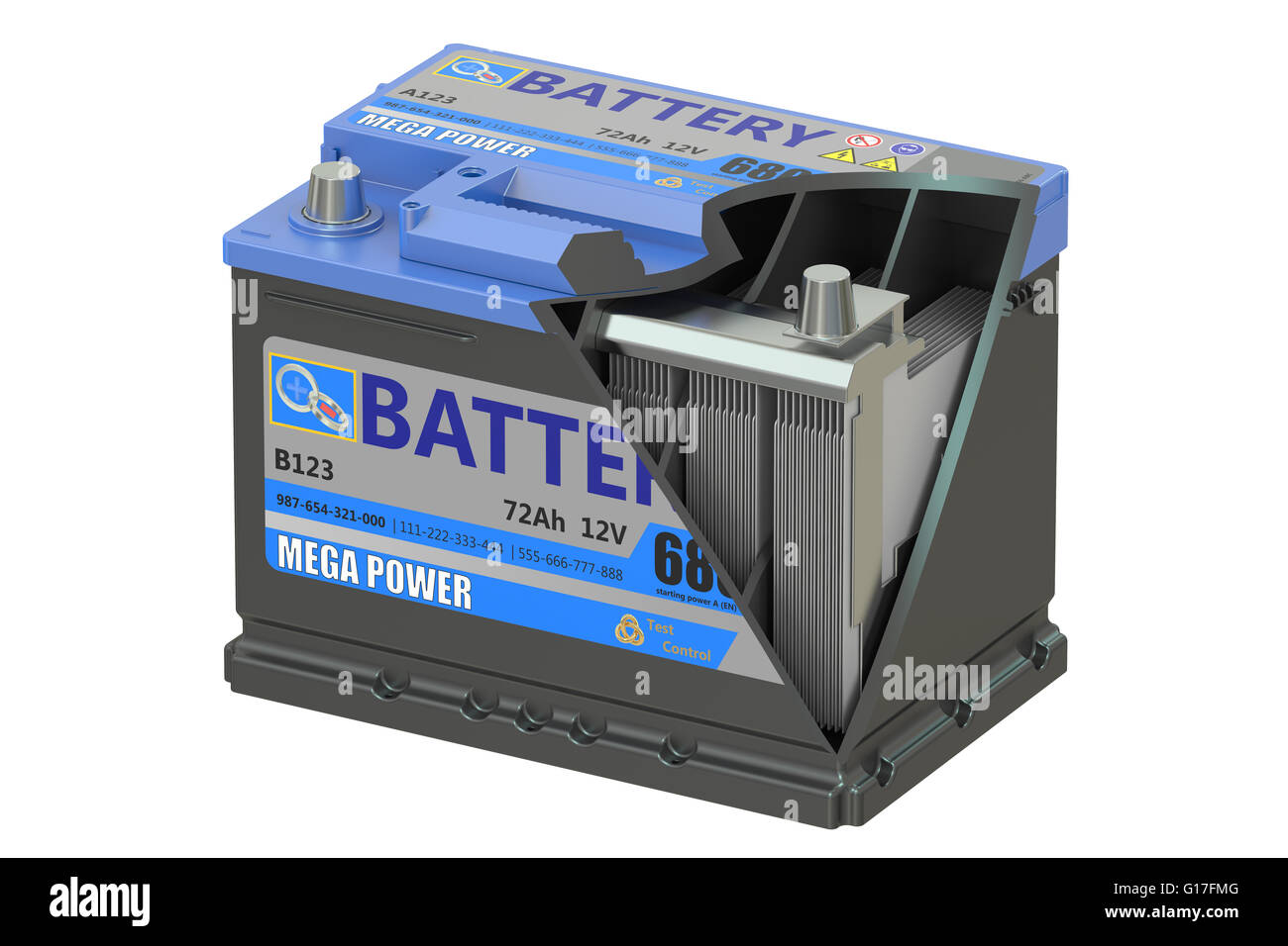 Cut of a car battery, 3D rendering  isolated on white background Stock Photo
