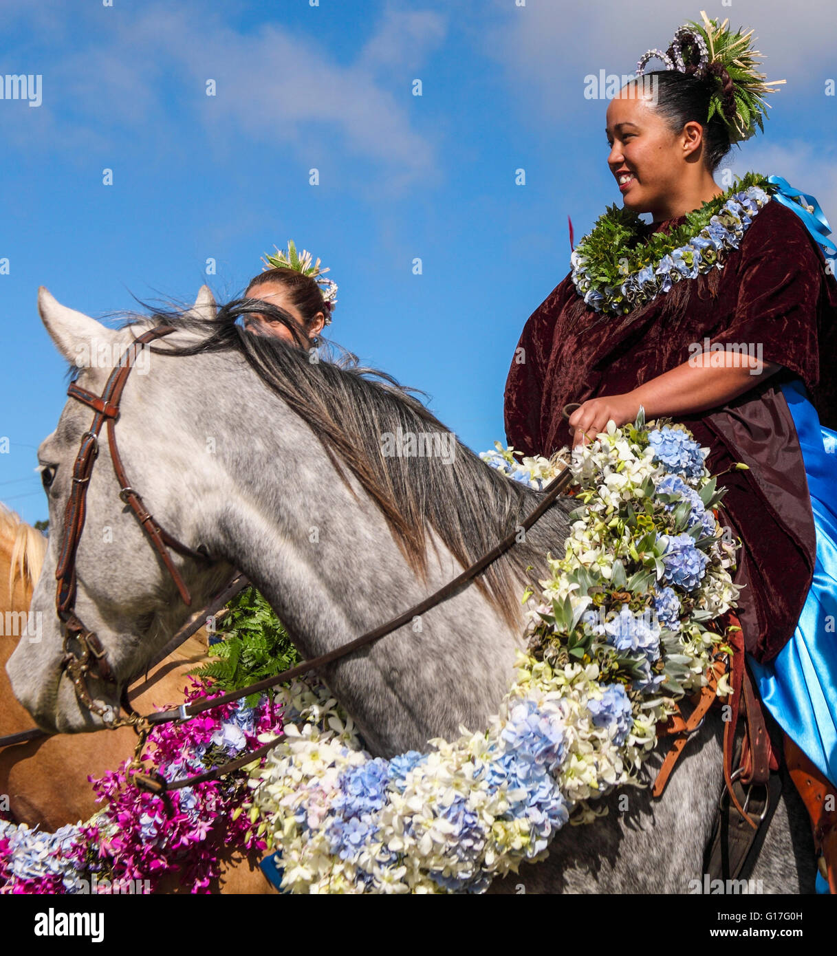 Pau riders from Molokai get ready for the Waimea Paniolo Parade on the Big Island of Hawaii Stock Photo