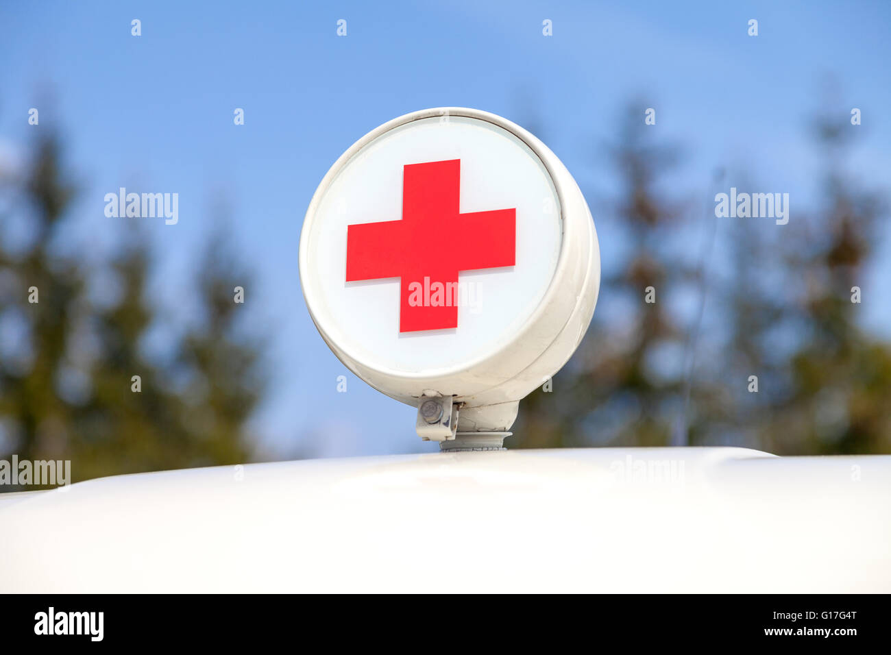 red cross on an oldtimer ambulance car Stock Photo