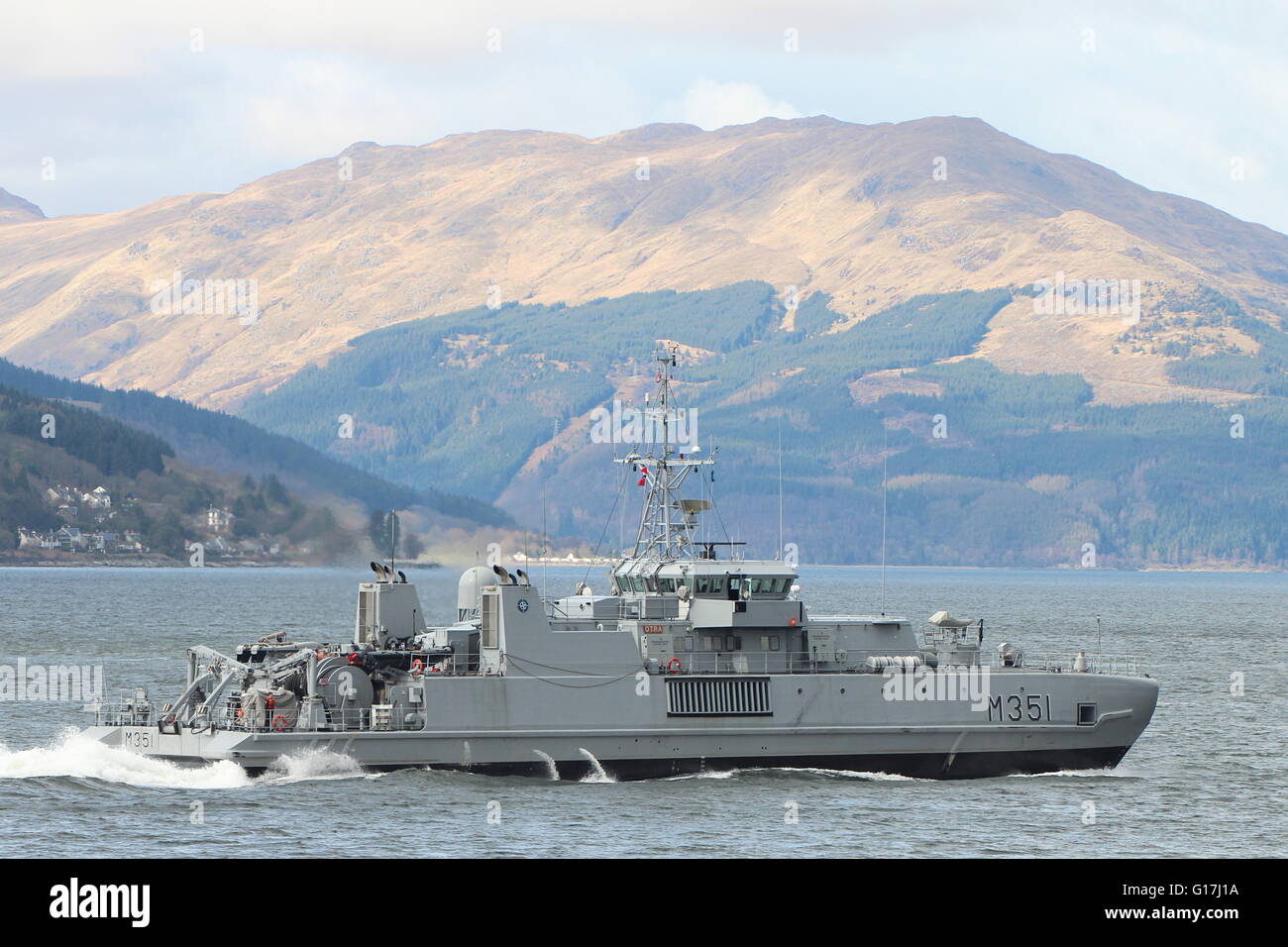 KNM Otra (M351), an Alta-class minesweeper of the Royal Norwegian Navy, departs for the start of Exercise Joint Warrior 16-1. Stock Photo