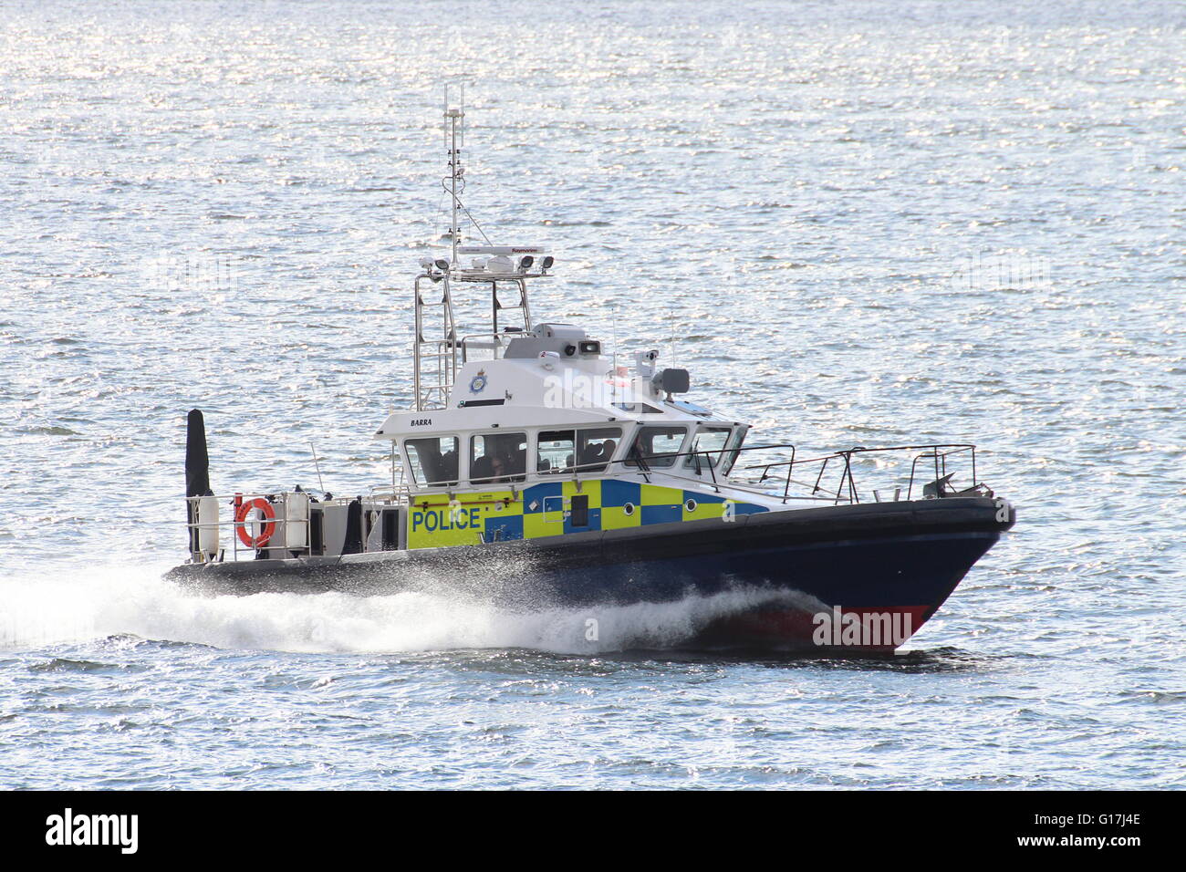 Barra, an Island-class launch of the Ministry of Defence Police (Clyde Marine Unit), during Exercise Joint Warrior 16-1. Stock Photo