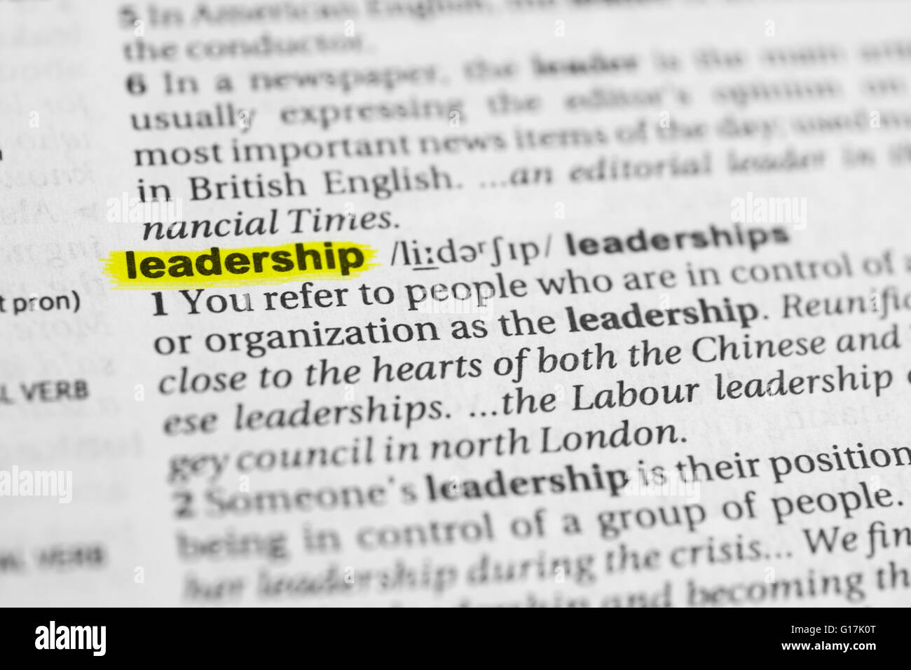 Detail of the english word "leadership" highlighted and its definition