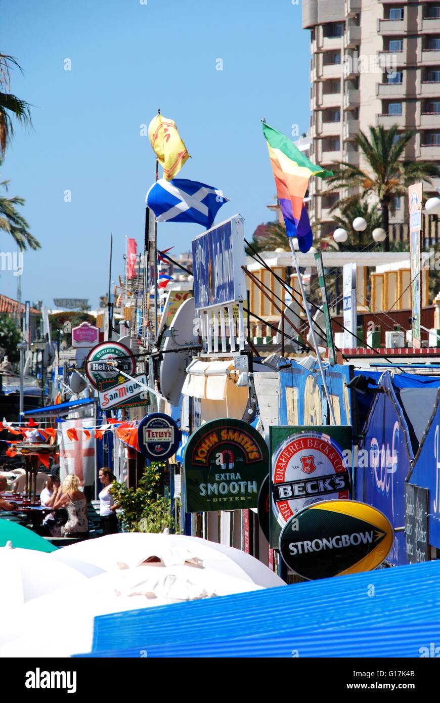 Row of British bars and restaurants in the harbour, Fuengirola, Malaga