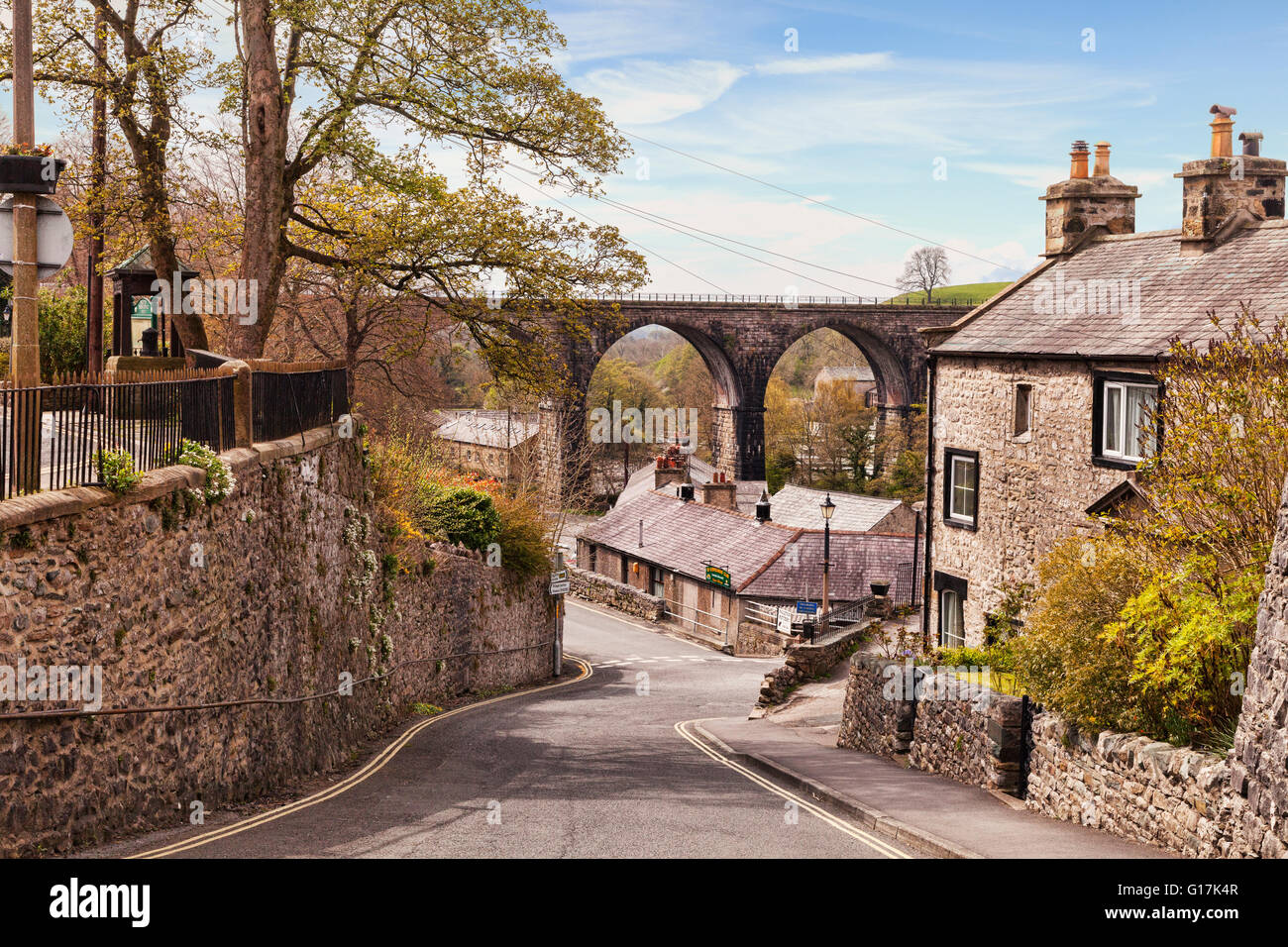 The village of Ingleton, with its cottages and railway viaduct