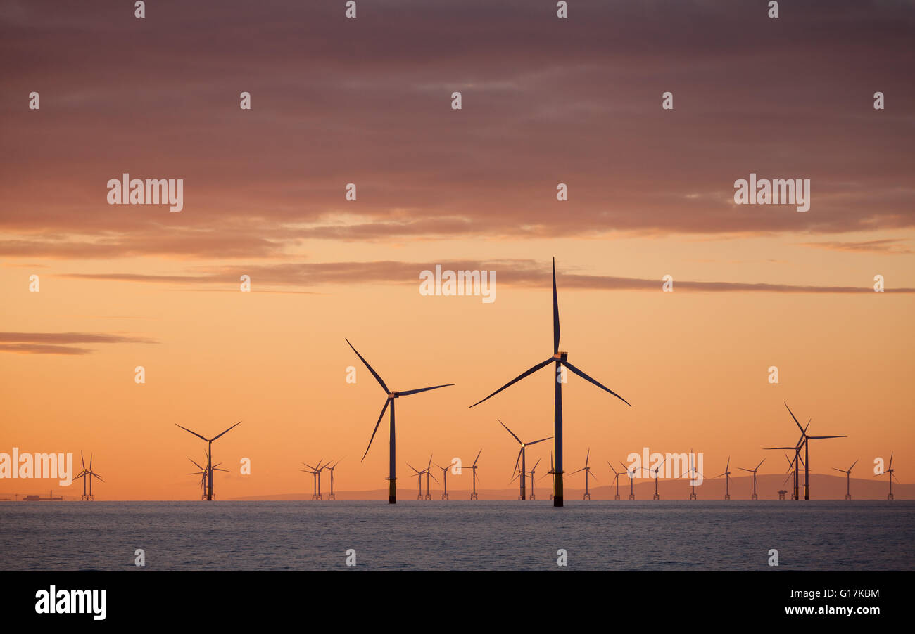 Sunrise over Walney Offshore Wind Farm off the Cumbrian Coast in the UK Stock Photo