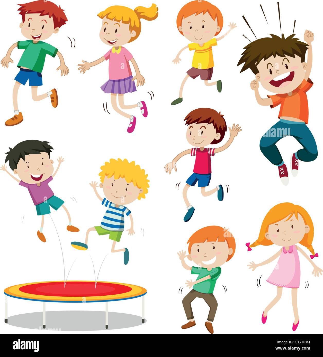 Boy and girl jumping on trampoline illustration Stock Vector Image ...