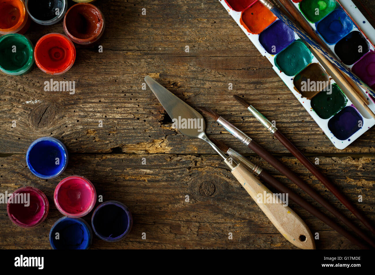 Art of Painting. Painting set brushes, paints, crayons, watercolor