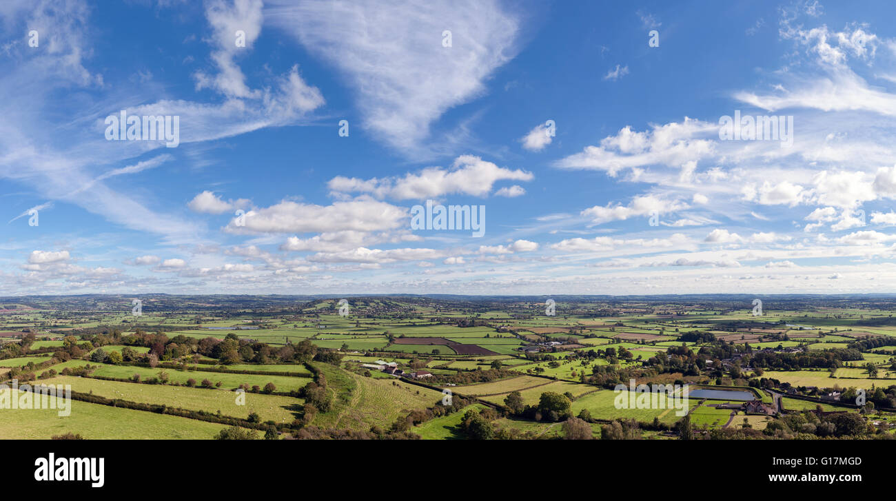 Panoramic view of the  Somerset Levels from the top of Glastonbury Tor Stock Photo