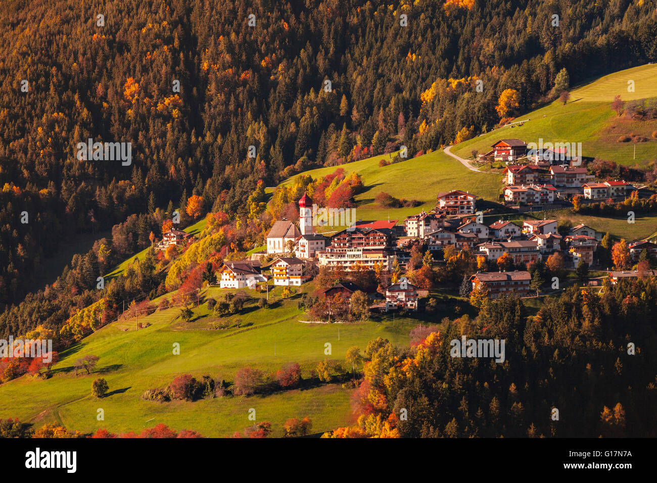 Small town, Dolomites, Italy, taken from helicopter Stock Photo