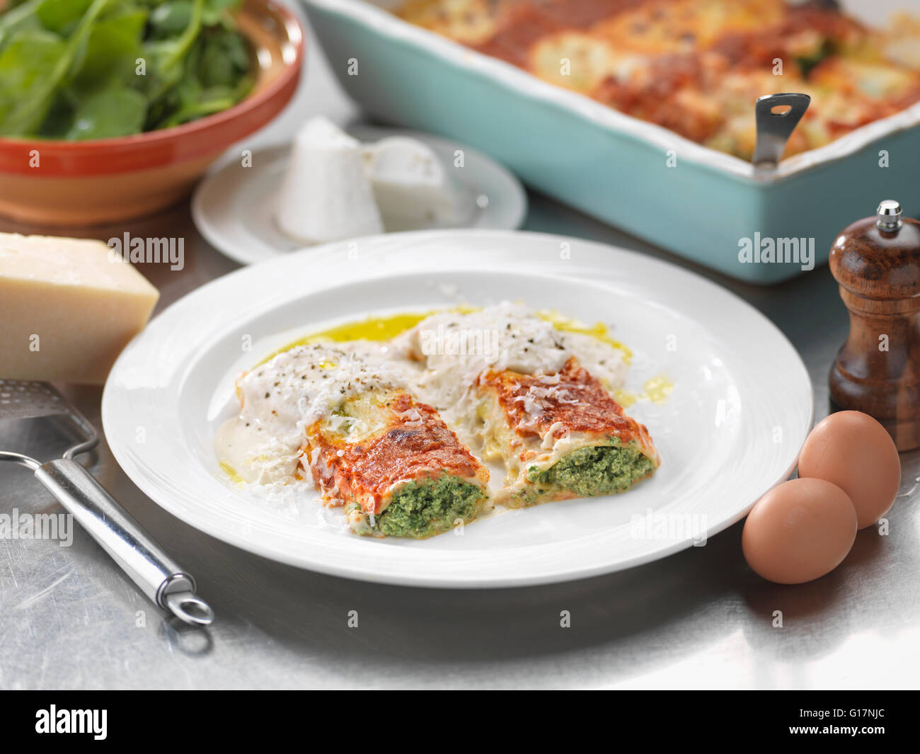 Traditional Italian meal of Ricotta Spinachi Cannelloni Stock Photo