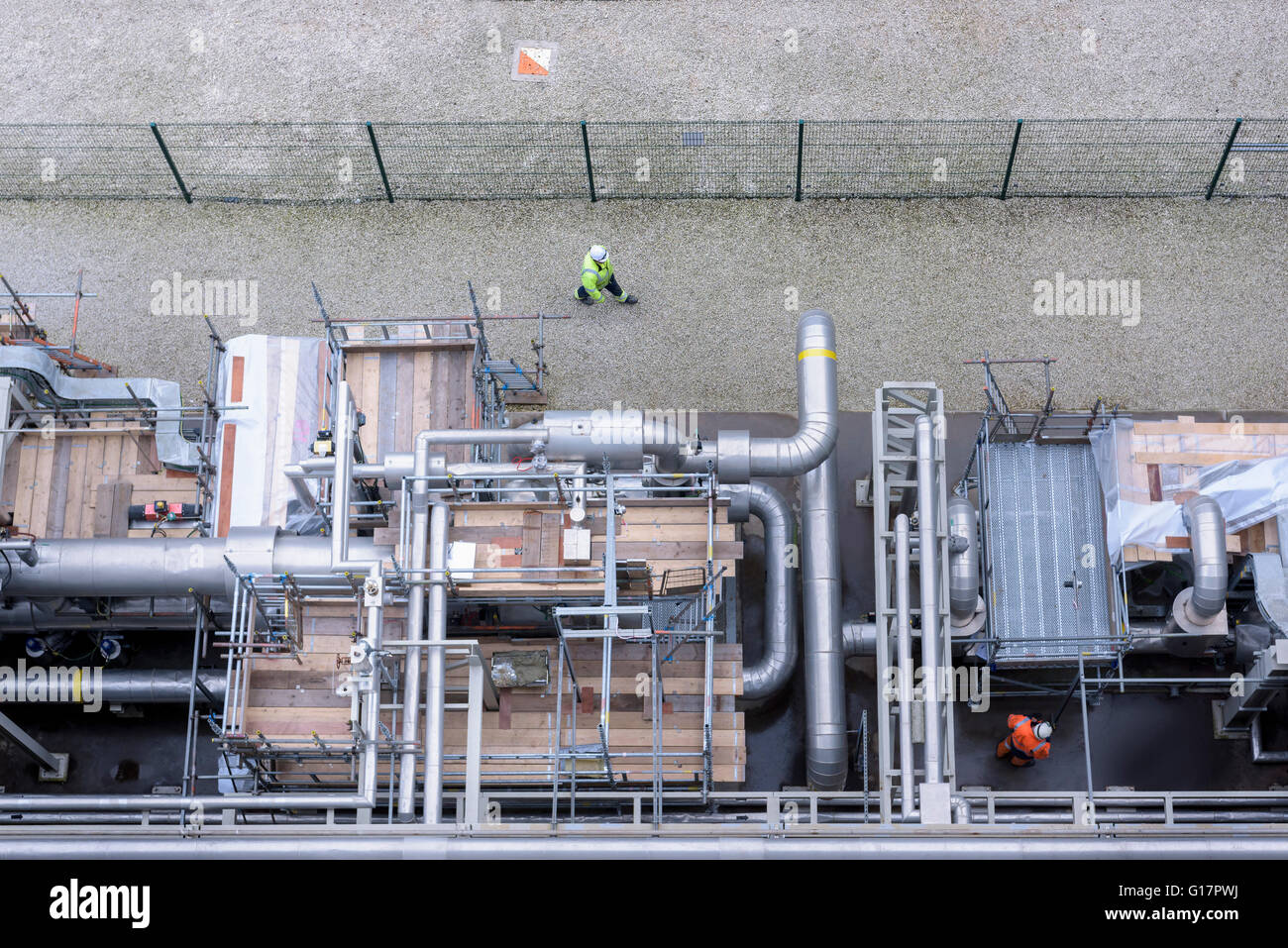 Overhead view of pipework under repair in gas-fired power station Stock Photo