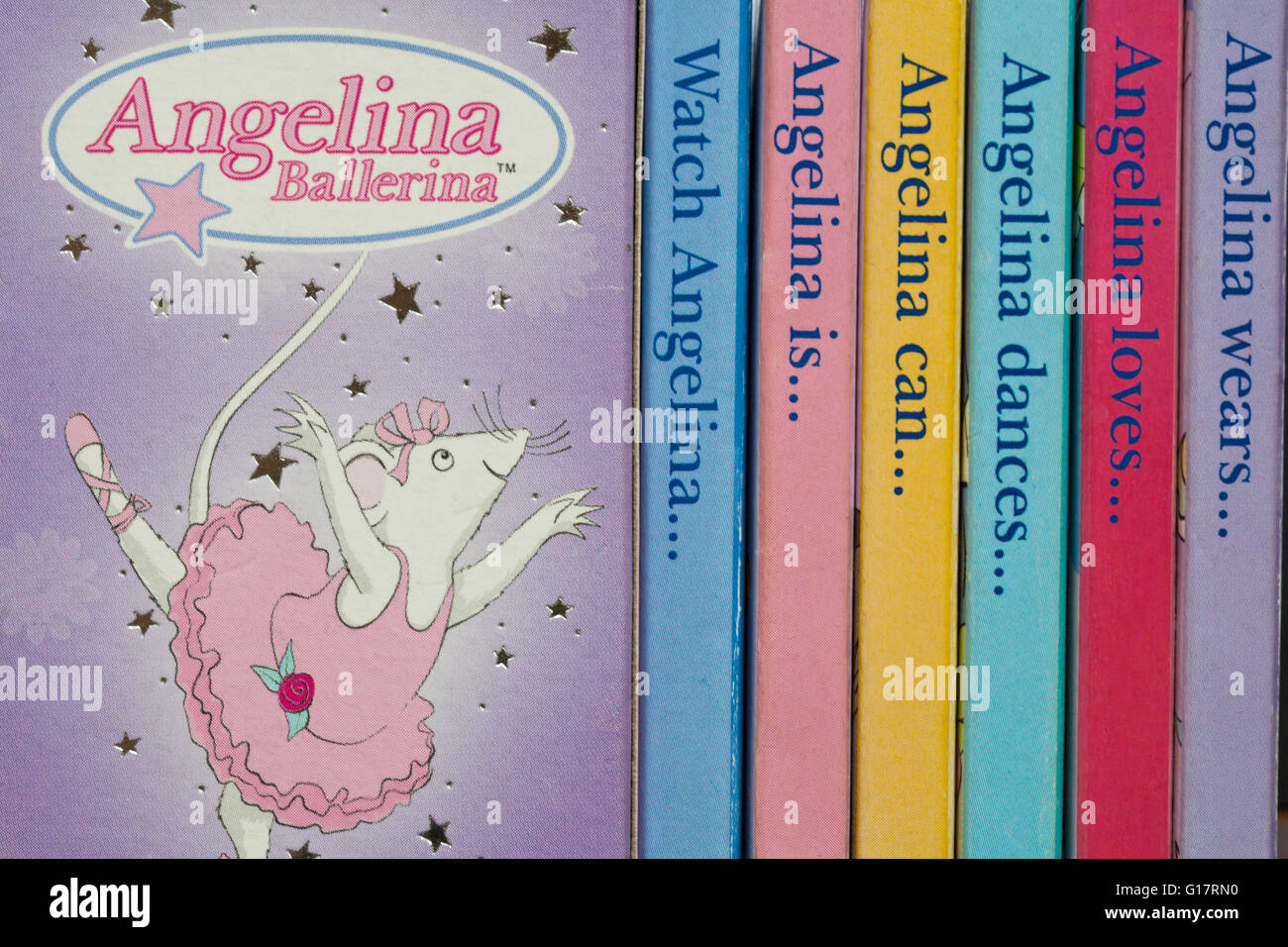 Angelina Ballerina Angelina's Little Library books by Ladybird, Watch Angelina Angelina is Angelina can Angelina dances Angelina loves Angelina wears Stock Photo