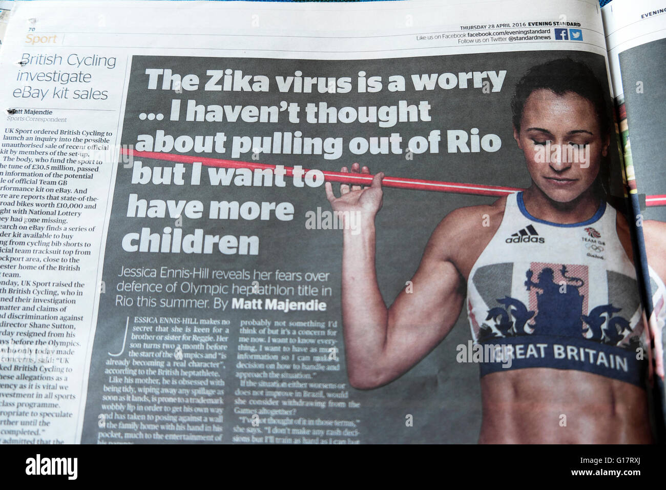 Jessica Ennis article about Rio games and Zika Virus in the Evening Standard newspaper  28th April 2016 London UK Stock Photo