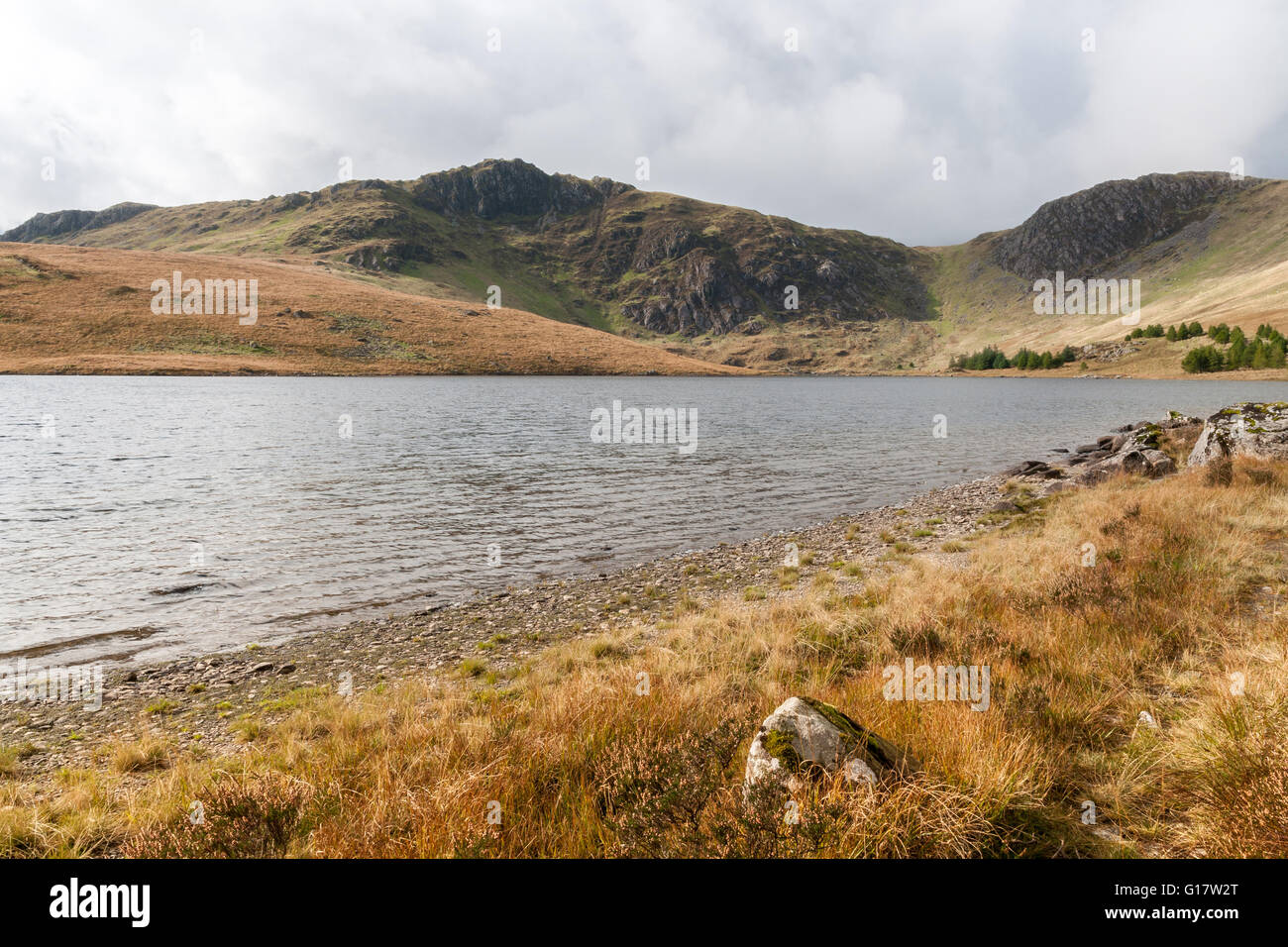 Llynnau Diwaunydd or the lower lake a mountain lake formed by glacial overdeepening on the outskirts of Blaenau Ffestiniog Stock Photo