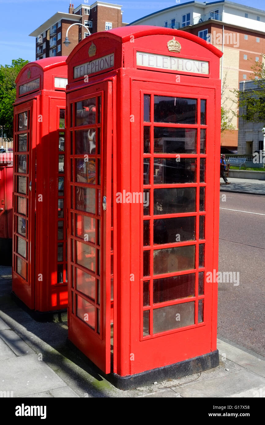 Red telephone boxes, Lord Street, Southport Stock Photo