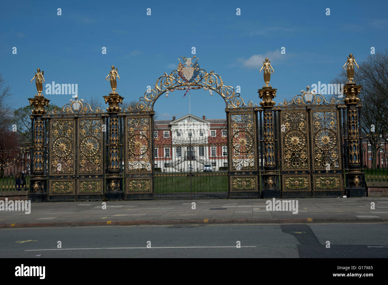Warrington town hall with its gilded, cast iron gates Stock Photo