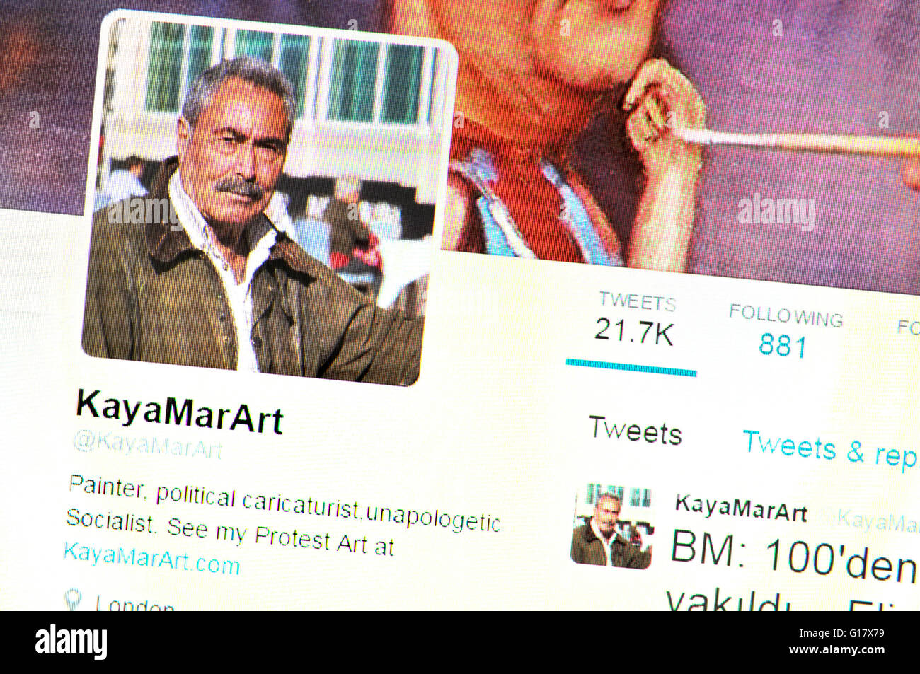Twitter homepage screenshot: Kaya Mar, Turkish satirical cartoonist (May 2016) Stock Photo