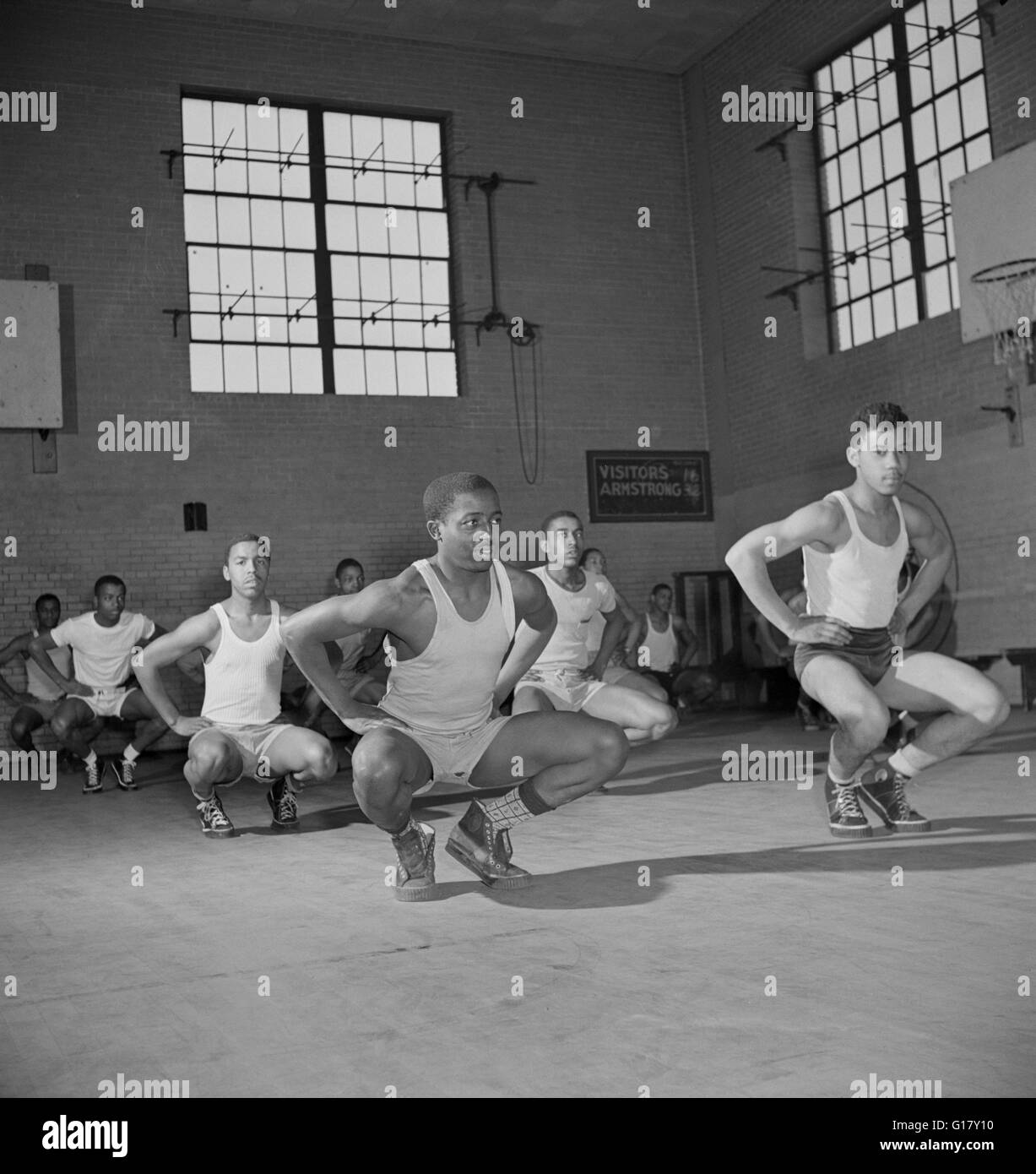 Boys Exercising in Gym Class, Armstrong Technical High School, Washington DC, USA, Marjorie Collins for Farm Security Administration, March 1942 Stock Photo