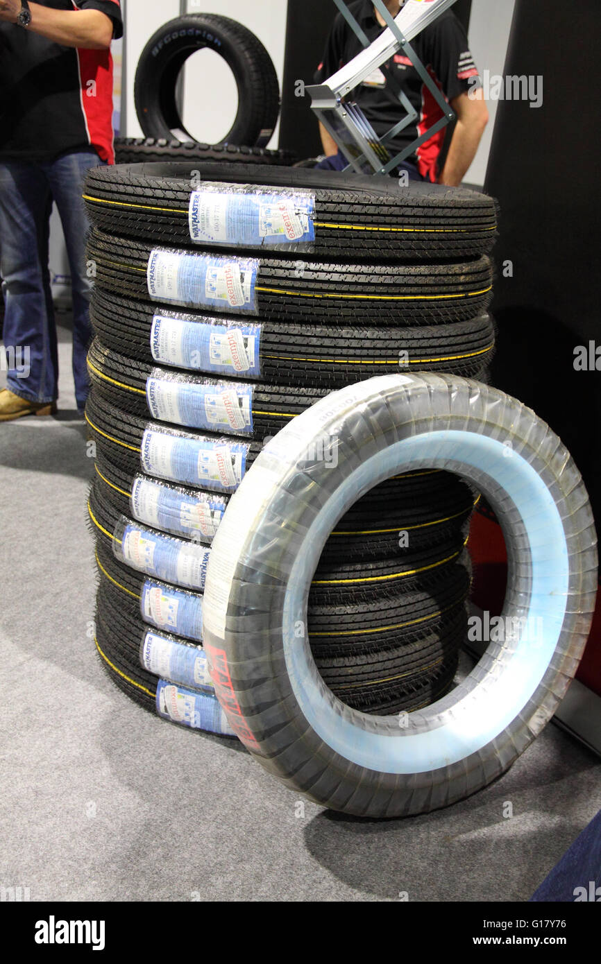 Narrow tyres for vintage cars for sale at a Dublin classic car show Stock Photo