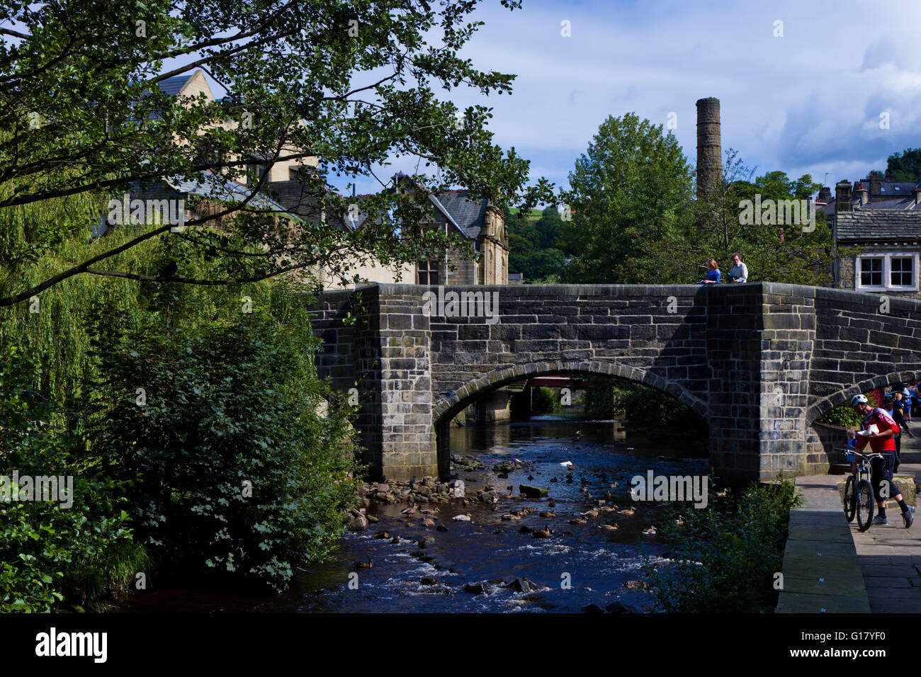 The ancient pack horse bridge over Hebden Beck in the centre of Hebden