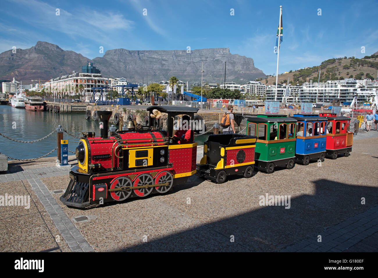 CAPE TOWN WATERFRONT SOUTH AFRICA  A children's train ride around the waterfront with a back drop of Table Mountain Stock Photo