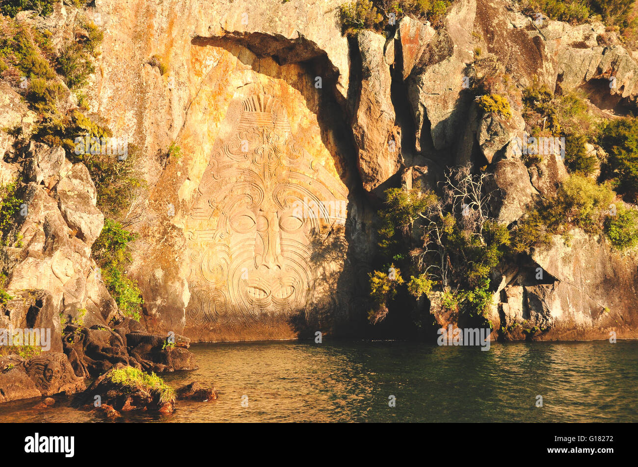 Maori artwork on Lake Taupo in New Zealand Stock Photo