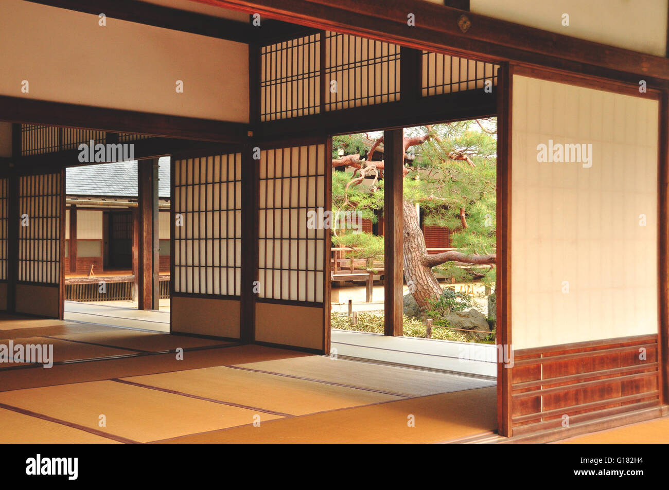 Traditional style minimalist room at Tenryu-ji Zen Temple in Arashiyama, Japan. Stock Photo