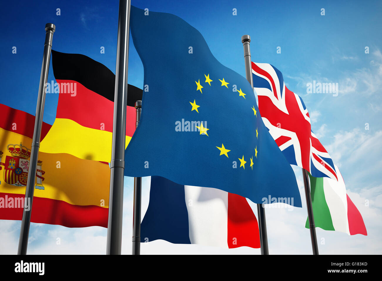 Waving European Union countries flags on blue sky background Stock Photo