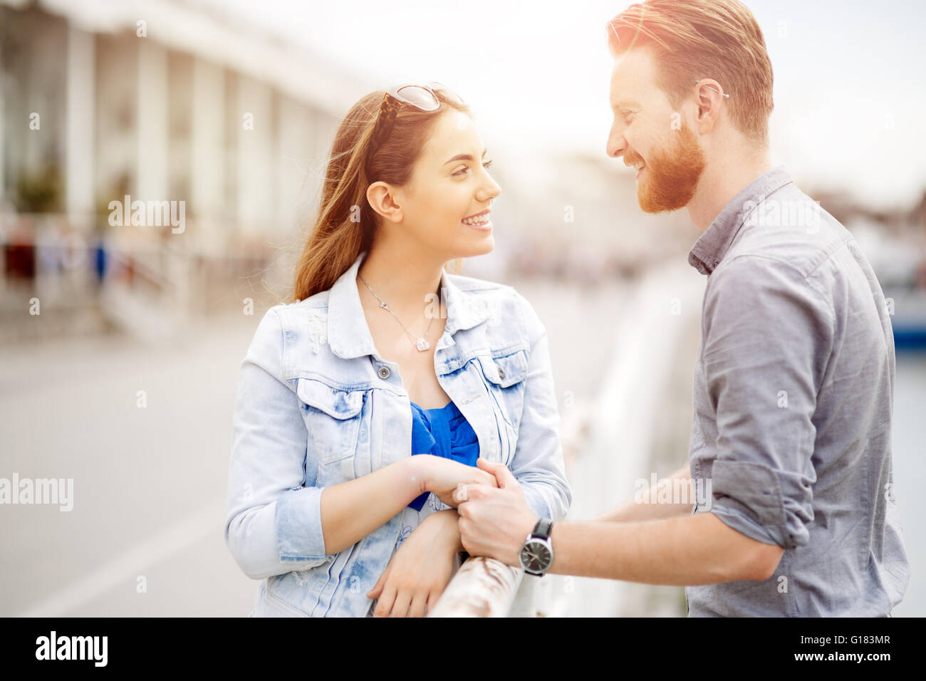 Couple in love sharing emotions in beautiful sunset Stock Photo