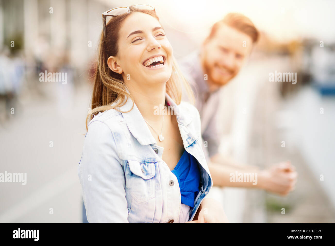 Couple in love sharing emotions in beautiful sunset Stock Photo