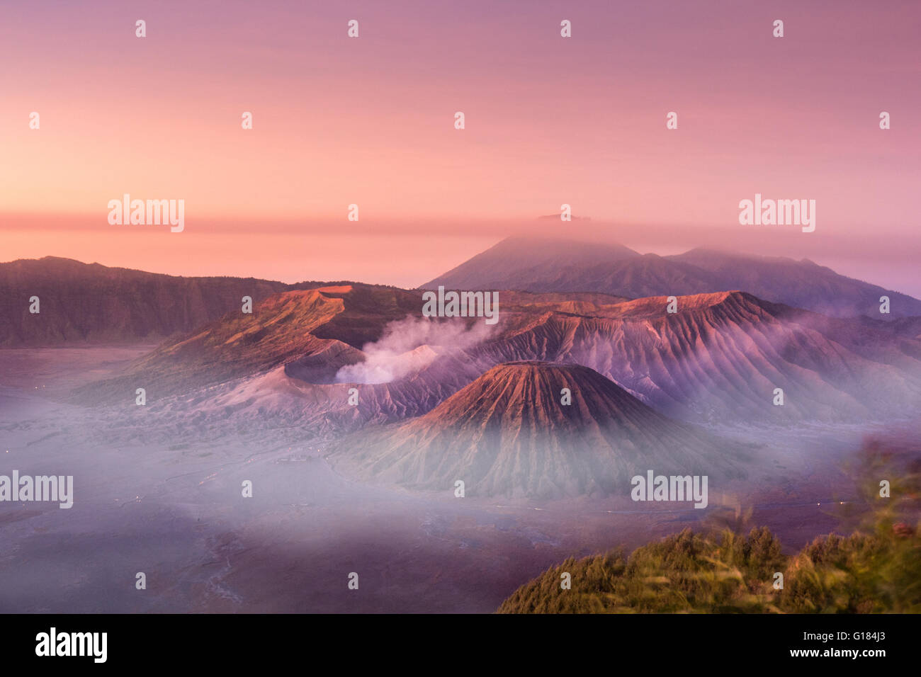 Mount Bromo twilight sky sunrise time with fog nature landscape background, Java, Indonesia Stock Photo