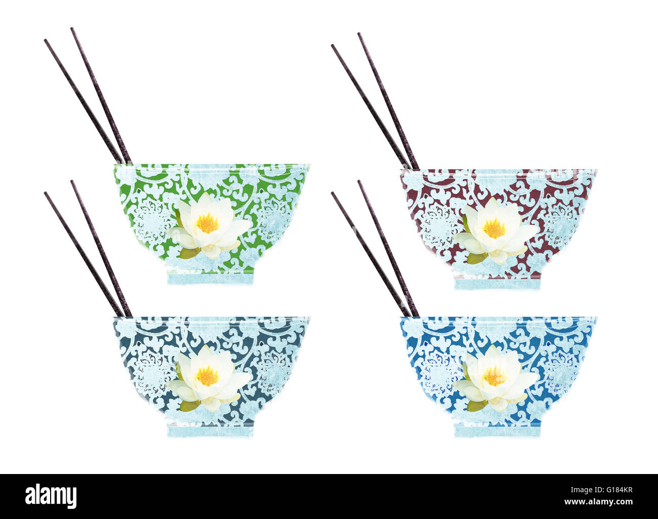 four asian bowls with chopsticks on white background Stock Photo
