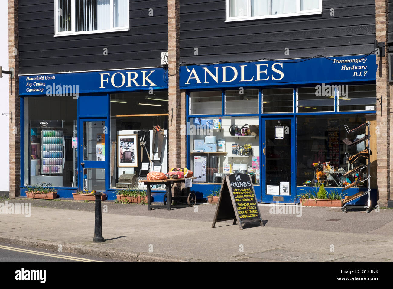 Fork Andles ironmongery shop, in homage to The Two Ronnies sketch from the 1970s tv show, Coggeshall, Essex, UK. Stock Photo