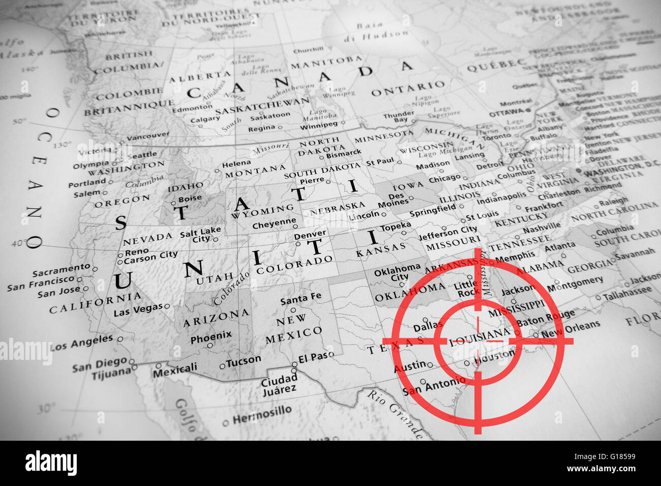 Red aerial target on tilted United States map ( Louisiana ), black and