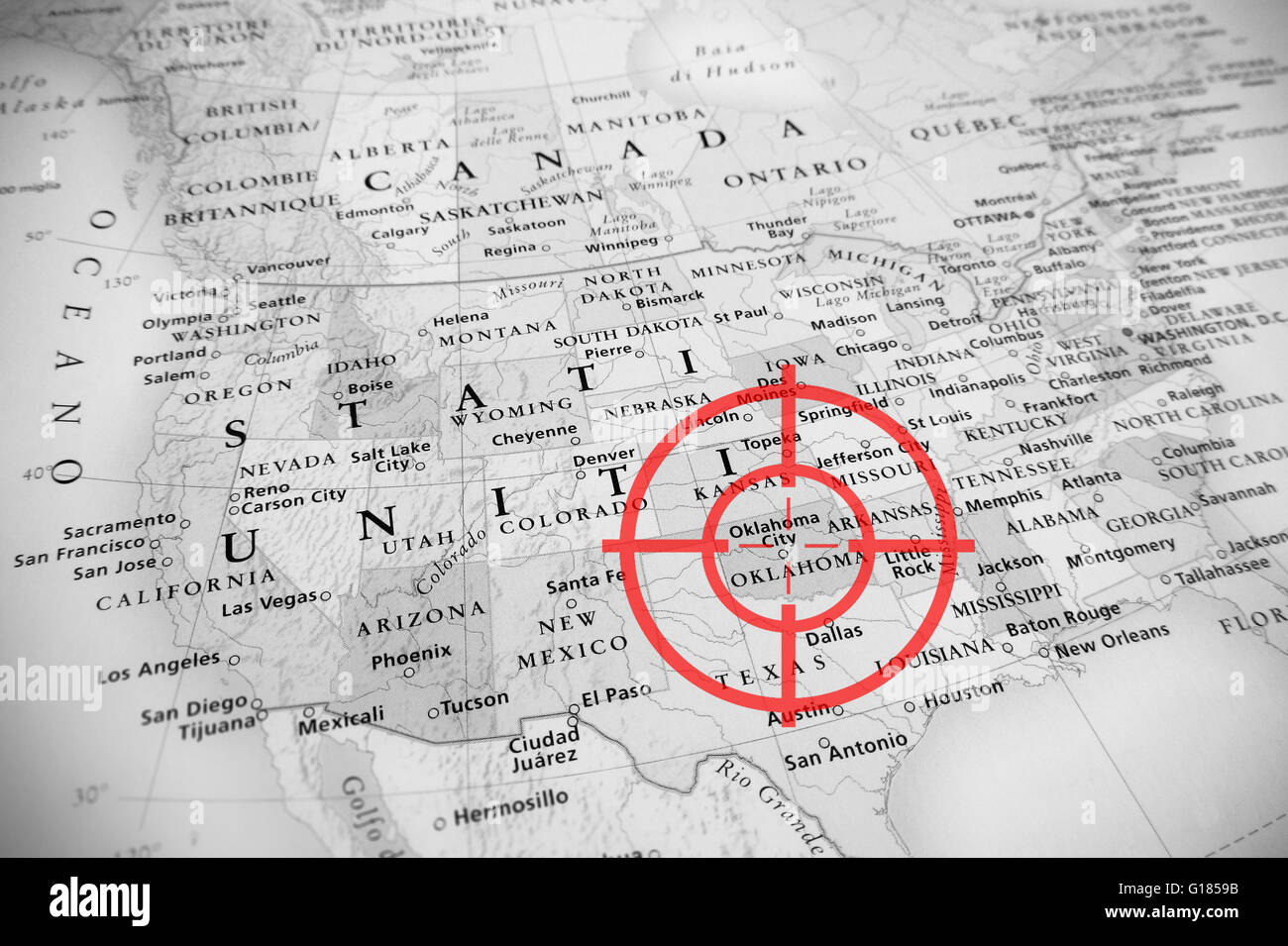 Red aerial target on tilted United States map ( Oklahoma ), black and ...