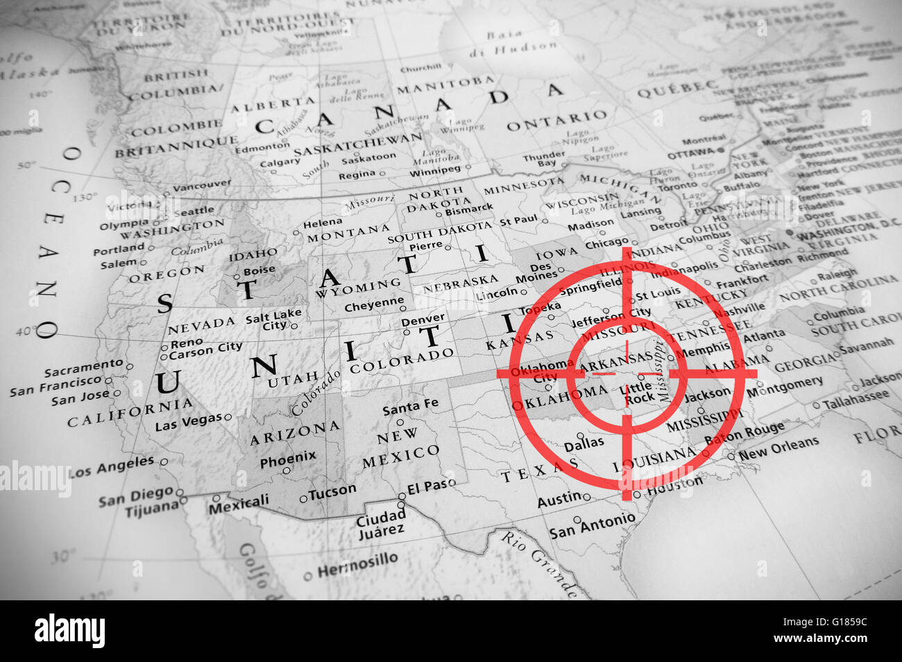 Red aerial target on tilted United States map ( Arkansas ), black and white effect Stock Photo