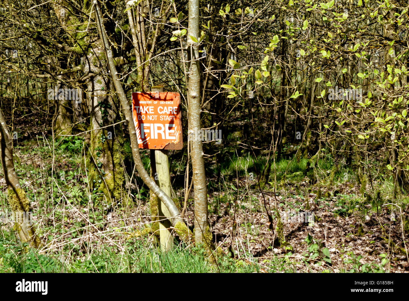 A Ministry of Defence Take Care Do Not Start Fire Warning Sign on Salisbury Plain Military Training Area, Wiltshire, UK. Stock Photo