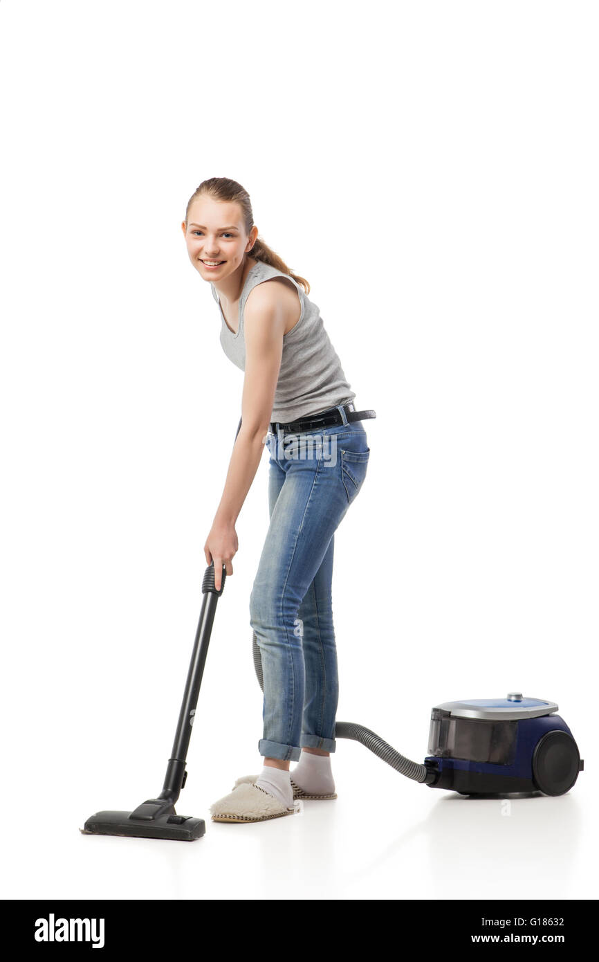 Smiling woman with vacuum-cleaner isolated Stock Photo