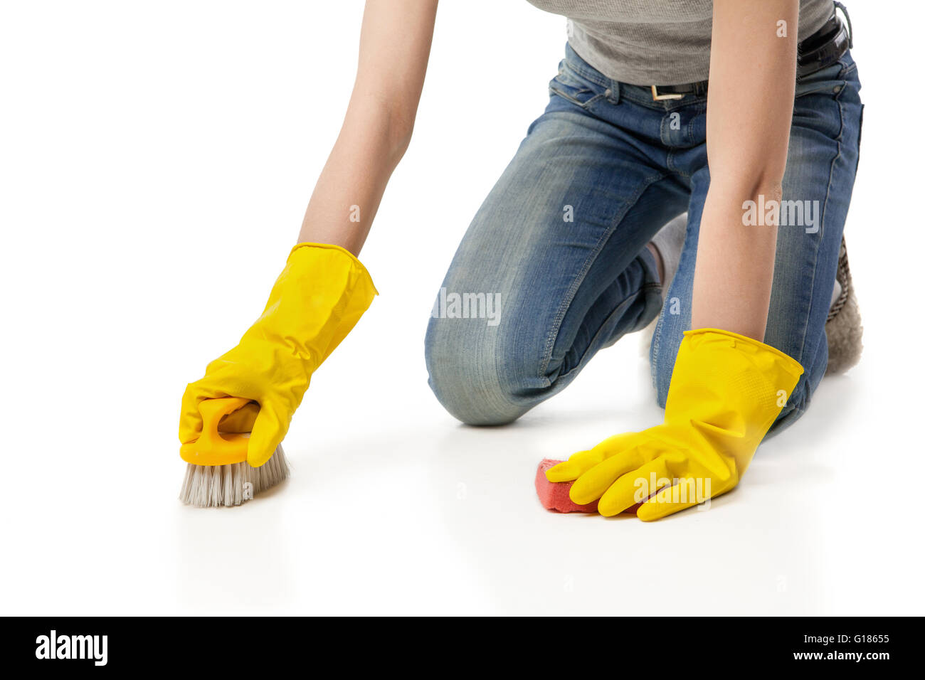Woman with sponge and scrub brush isolated Stock Photo
