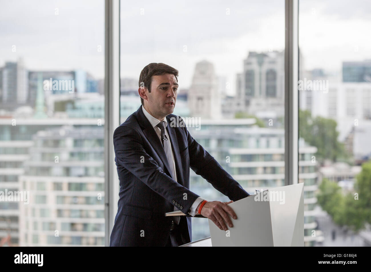 UK Labour politician Andy Burnham MP addresses business leaders in offices at More London, London UK. Stock Photo