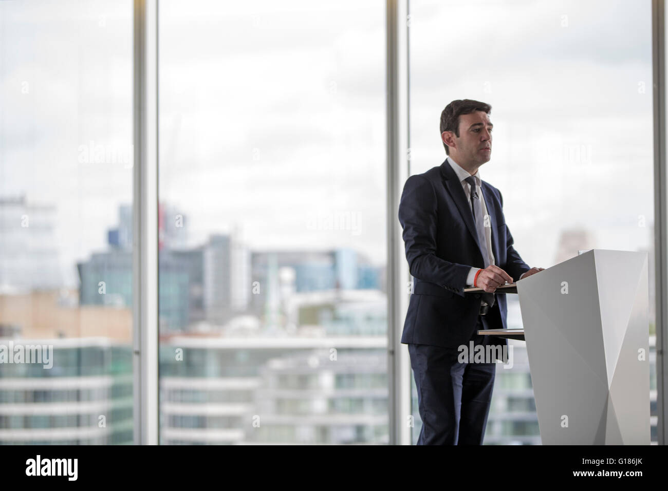 UK Labour politician Andy Burnham MP addresses business leaders in offices at More London, London UK. Stock Photo