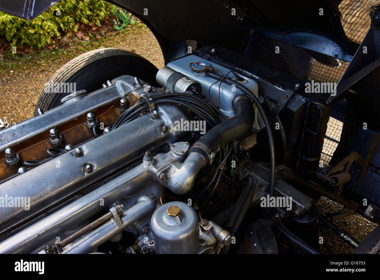 Classic Series 1 3.8 E-Type Jaguar Sports Car 1961 FHC engine block Stock Photo