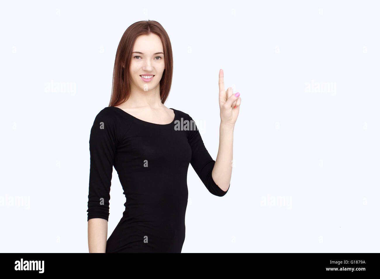 portrait happy woman in black dress Stock Photo